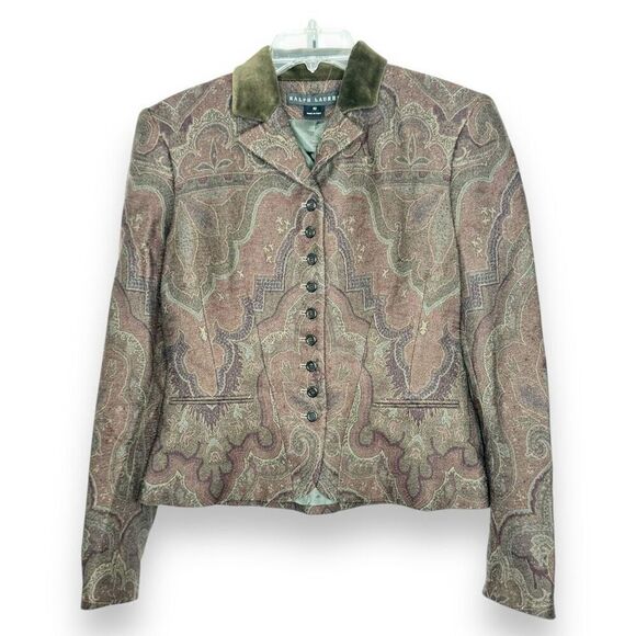 RALPH LAUREN Black Label Jacquard Print Jacket Blazer with Velvet Collar Size 10 - Picture 2 of 11